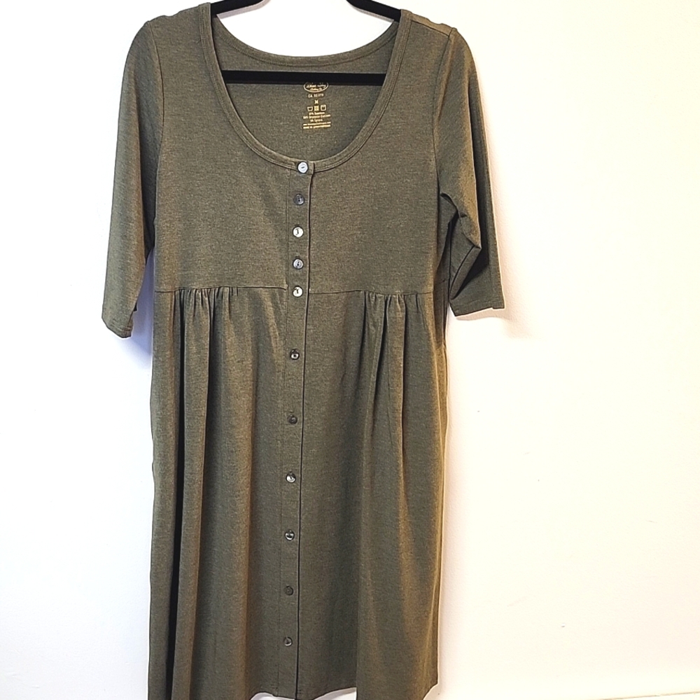Blue Sky Clothing Co. Nelly 3/4 Sleeve Dress, Yarn Dye Khaki, Bamboo - Picture 3 of 6